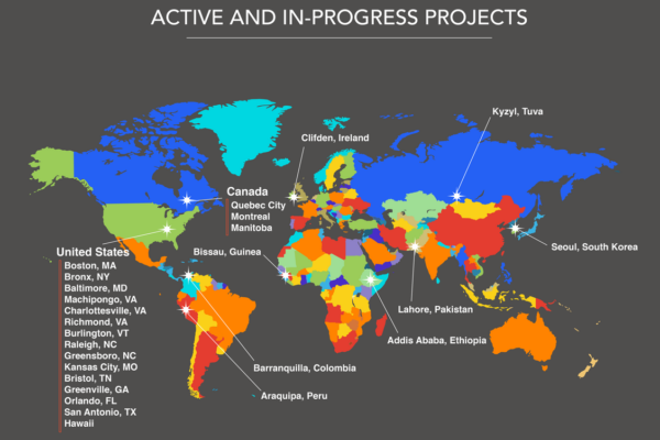An infographic map of the world showing active and in-progress projects of the Center for Cultural Vibrancy