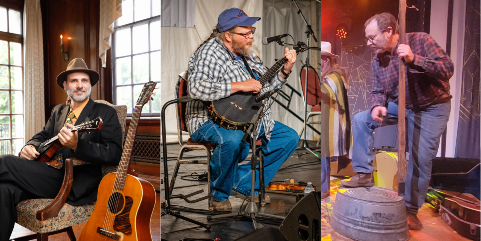 A Triptych of three photos: first Danny Knicely witha mandolin and guitar; next Riley Baugus performs on a clawhammer banjo; then John Flower performs on a wash bucket bass