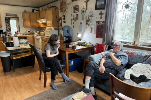 Becky Hill (left) and Trimble Gilbert discuss square dancing.