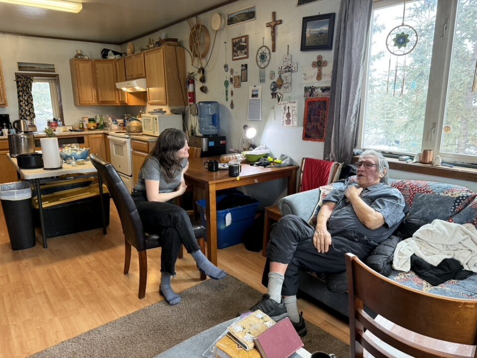 Becky Hill (left) and Trimble Gilbert discuss square dancing.